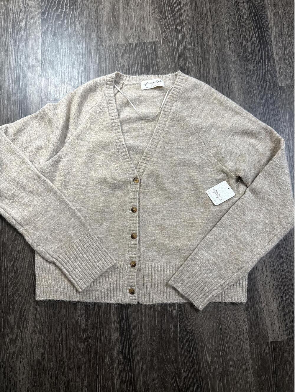 Free People Beige Knit Button Front Cardigan
